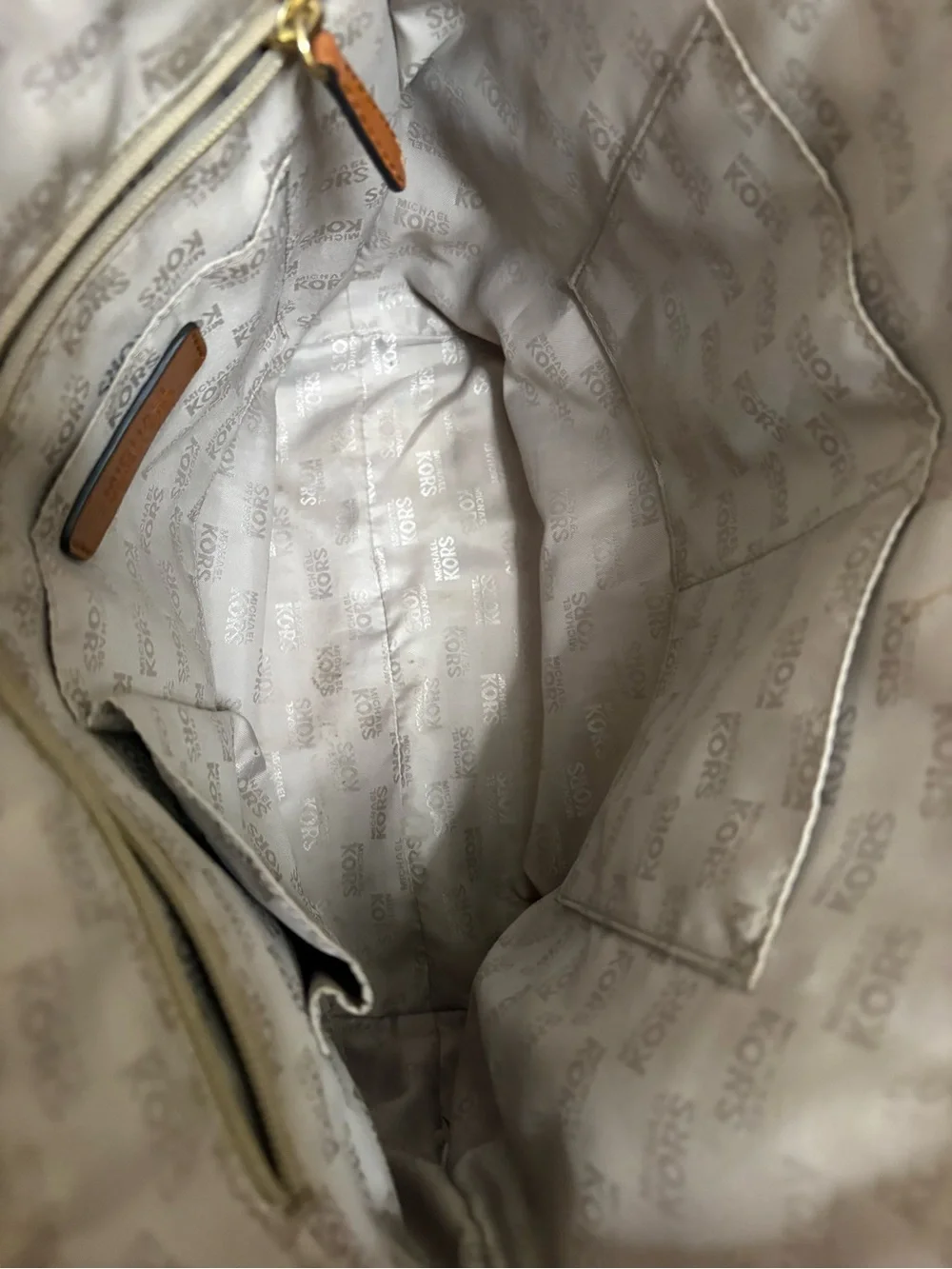 Michael Kors Cream Signature MK Tote with Tan Leather Straps